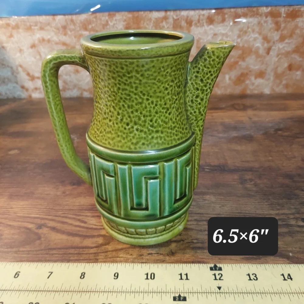 Vintage Avocado Green Ceramic Pitcher Greek Key MCM Textured Pottery 6.5x6in